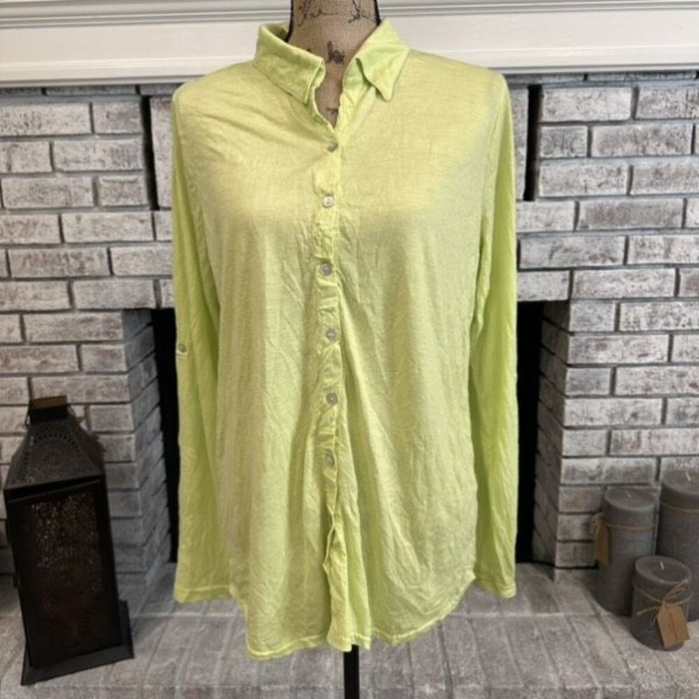 Lulu-B Womens Lightweight Tab Sleeve Button Up Top Green Small Gauzy